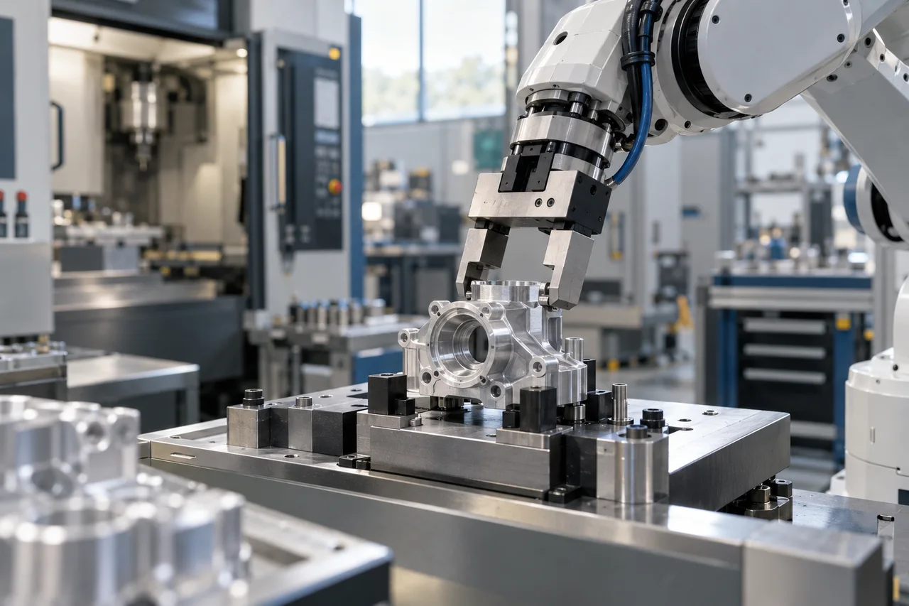 Braço robótico posiciona uma peça de alumínio numa célula de produção, numa imagem conceptual de precisão industrial.